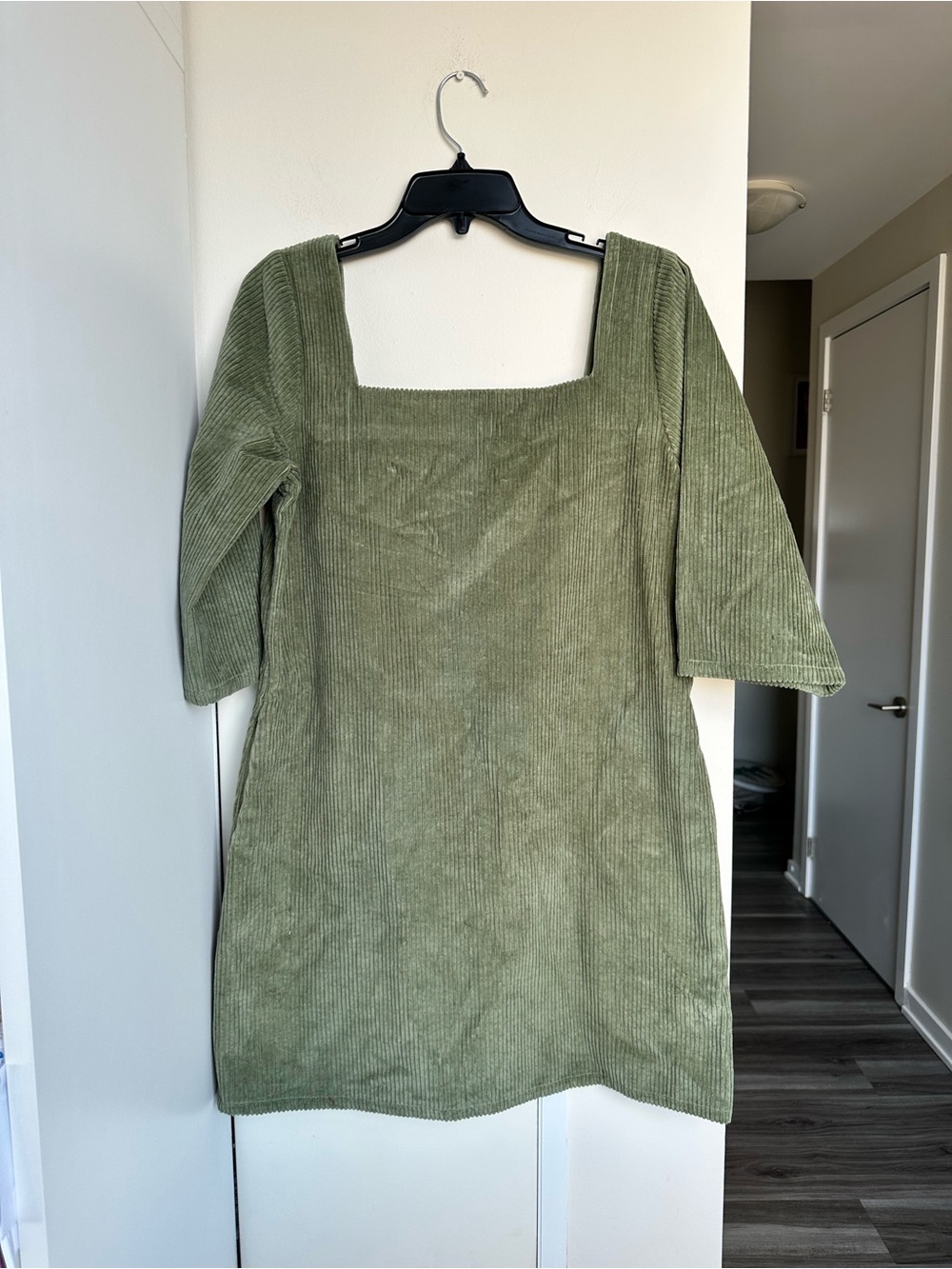 NWT SeamsFriendly Sage Green Square-Neck Cotton Mini Shift Dress Corduroy Sz 38R - Picture 6 of 14